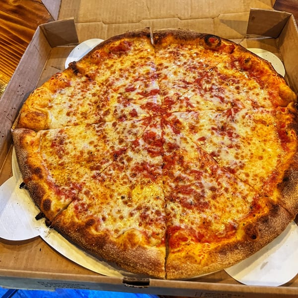 A whole cheese pizza with a golden crust, cut into slices, in a cardboard delivery box.