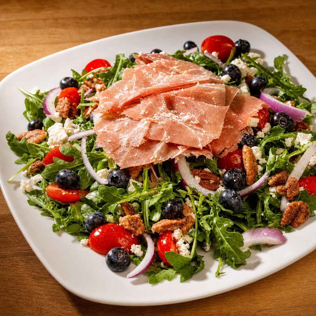 Arugula Parmigiana Prosciutto Blueberry Salad- Catering.